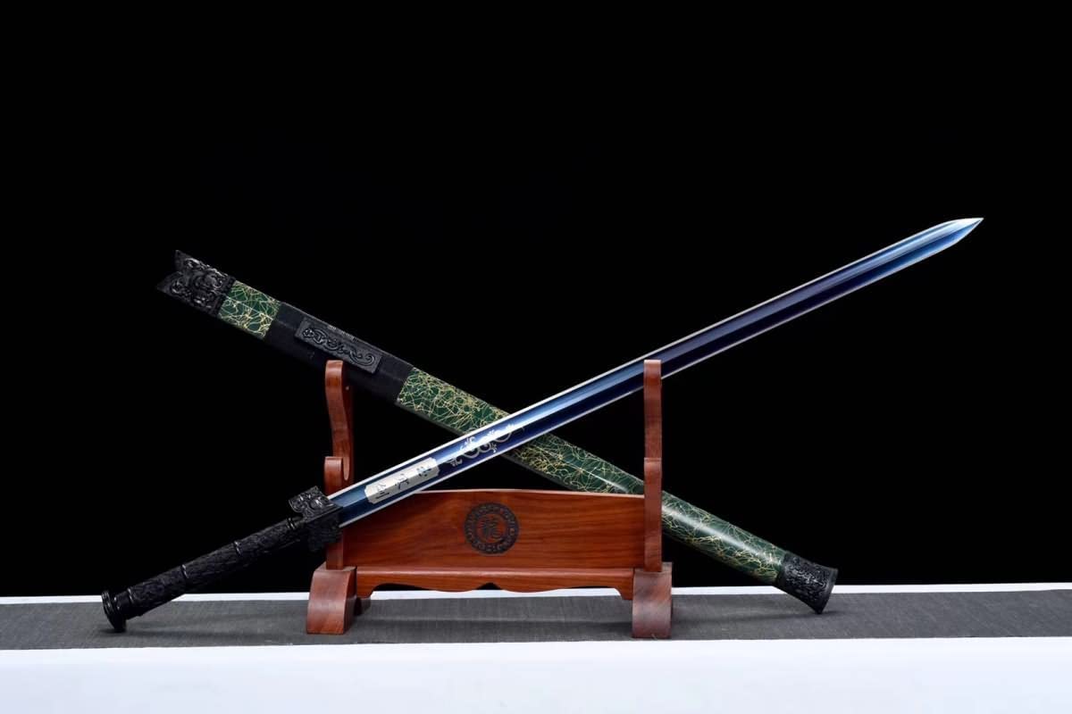 Hand Forged Han Sword Real High Carbon Steel Etch Blade Green scabbard(1045 Carbon Steel)
