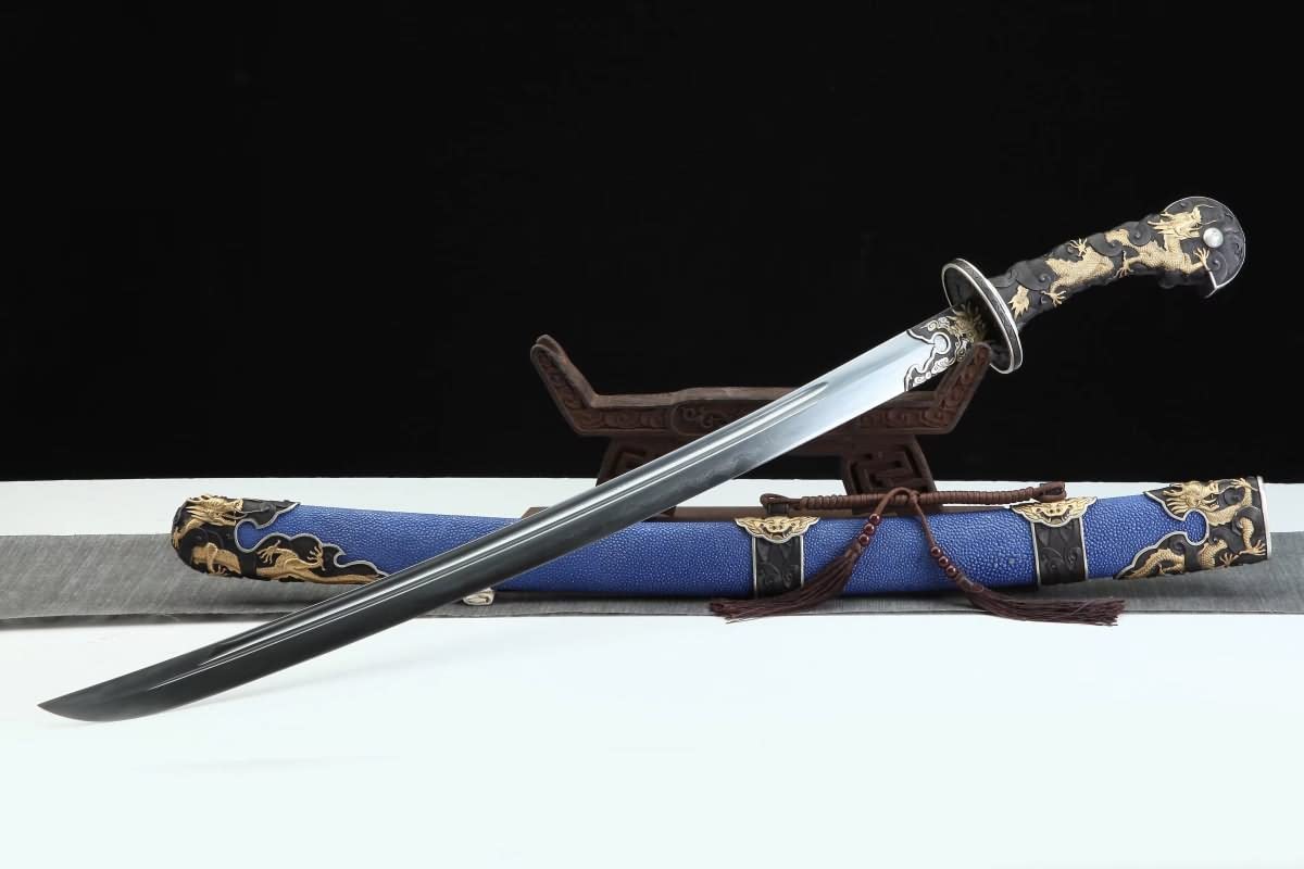 Hand Forged Chinese Sword,Dragon Dao,Battle Ready(Forged Damascus Steel Blade,Skin Scabbard,Brass Fittings) Full Tang