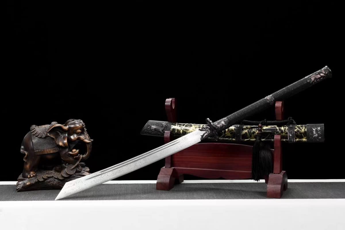 Hand Forged Kangxi Dao,Forged Damascus Steel baldes,Leather Scabbard,Alloy Fittings