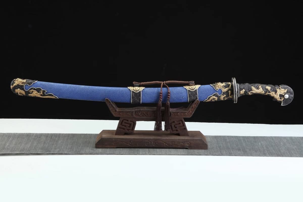 Hand Forged Chinese Sword,Dragon Dao,Battle Ready(Forged Damascus Steel Blade,Skin Scabbard,Brass Fittings) Full Tang