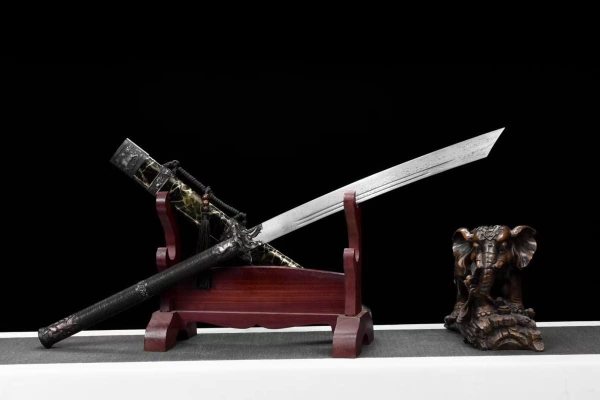 Hand Forged Kangxi Dao,Forged Damascus Steel baldes,Leather Scabbard,Alloy Fittings