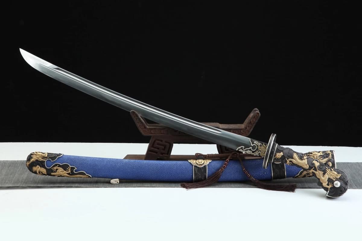 Hand Forged Chinese Sword,Dragon Dao,Battle Ready(Forged Damascus Steel Blade,Skin Scabbard,Brass Fittings) Full Tang