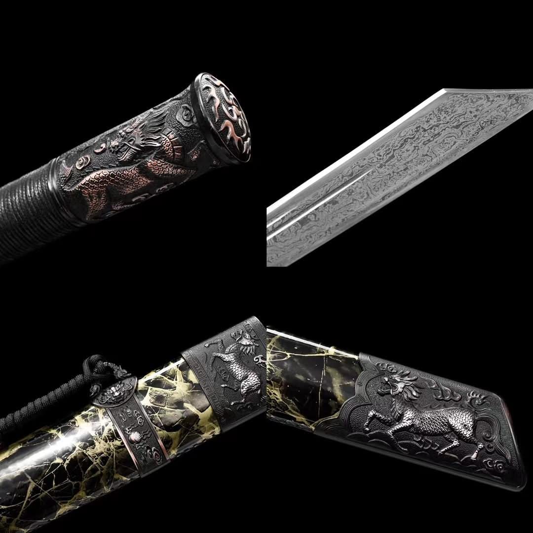 Hand Forged Kangxi Dao,Forged Damascus Steel baldes,Leather Scabbard,Alloy Fittings