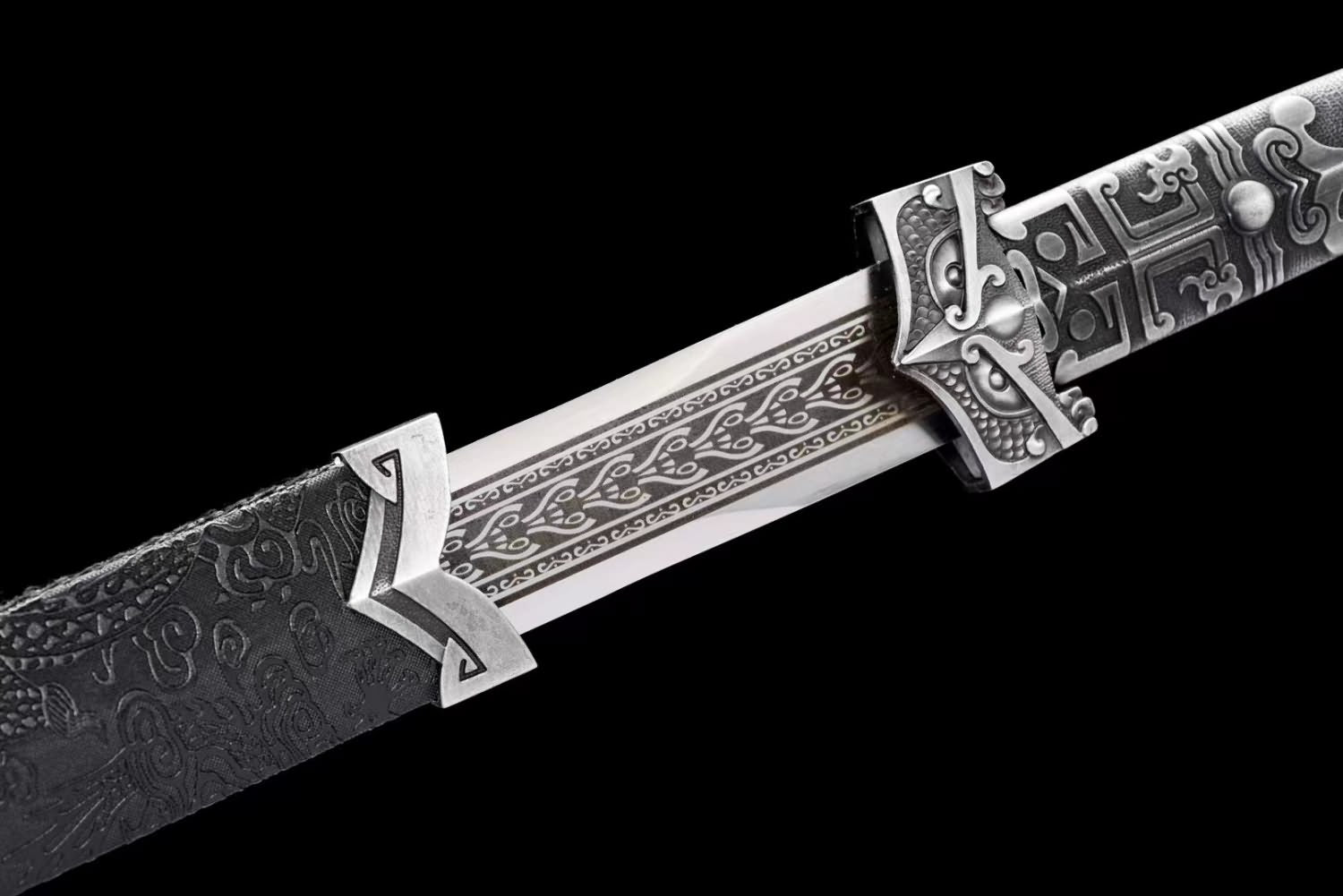 Authentic High carbon Steel Engraved Blade | Solid Wood Wrapped Faux Leather Scabbard | Alloy Fittings | Metal Handled Han Sword