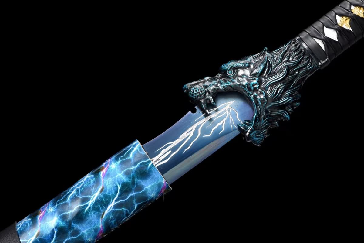 Wolf Head Machete,Dao sworde Real(High Carbon Steel,Blue Blade and Scabbard) Battle Ready,Chinese Sword