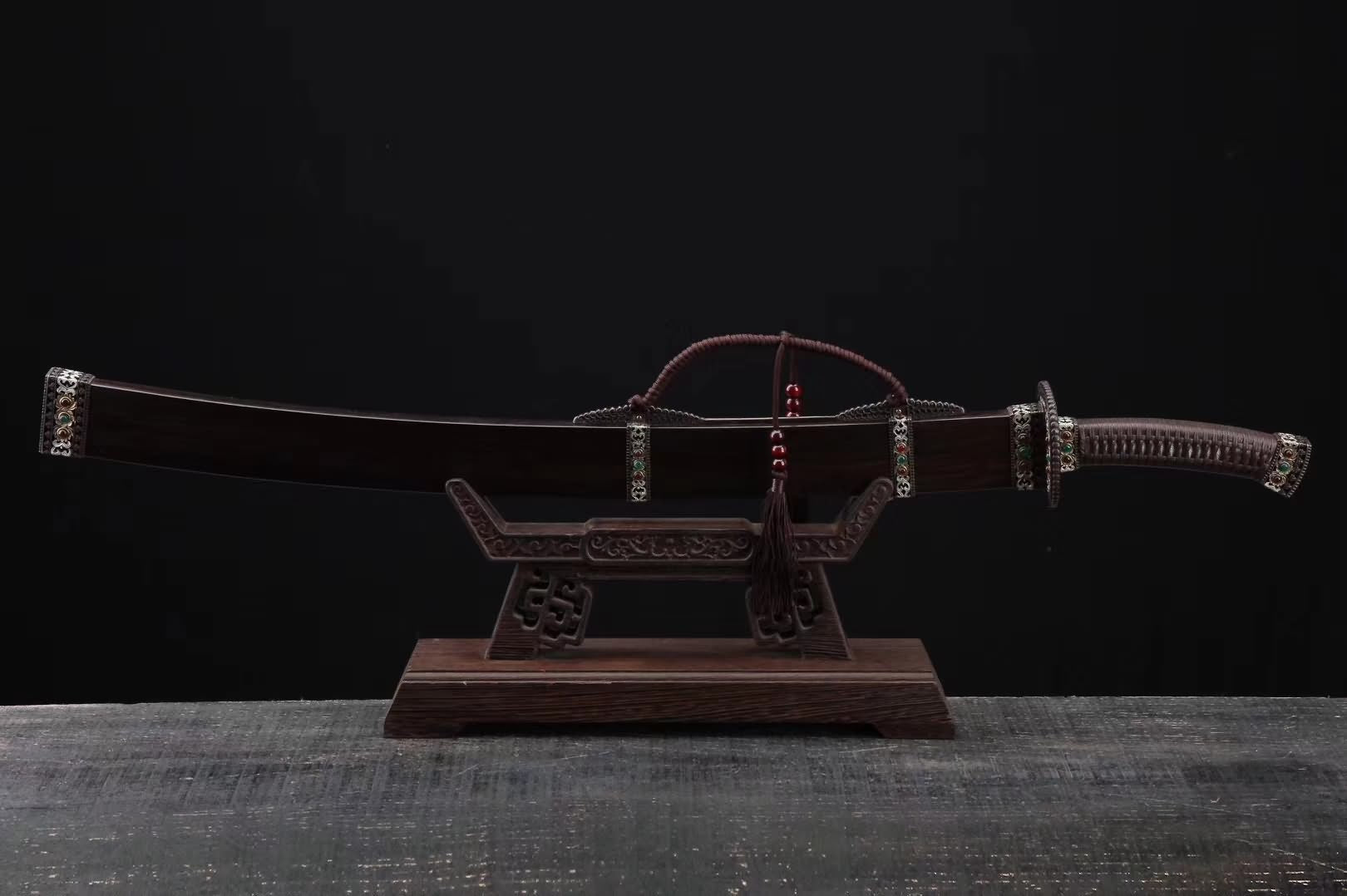 Qing sword,Damascus steel blade,Ebony scabbard,Brass - Chinese sword shop