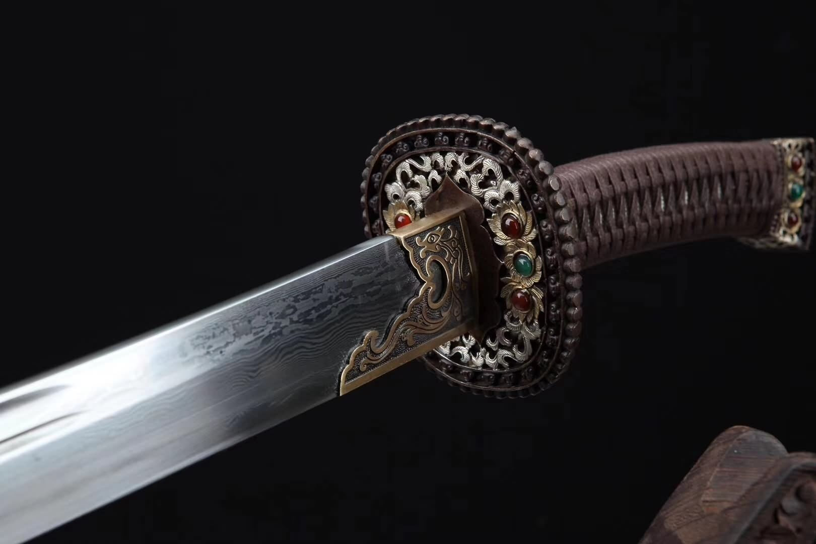 Qing sword,Damascus steel blade,Ebony scabbard,Brass - Chinese sword shop