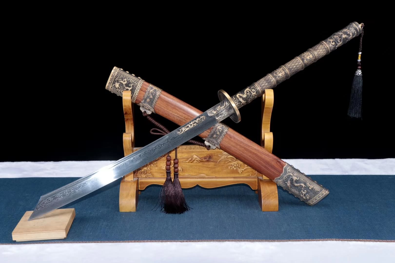 Kangxi sword,Damascus steel blade,Brass fittings,Rosewood scabbard - Chinese sword shop