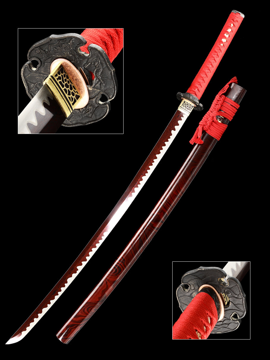 Japanese samurai sword Handmade katana, Damascus steel, hand forged blade, baked red, pushed and ground, wavy pattern, high-end collection(80)