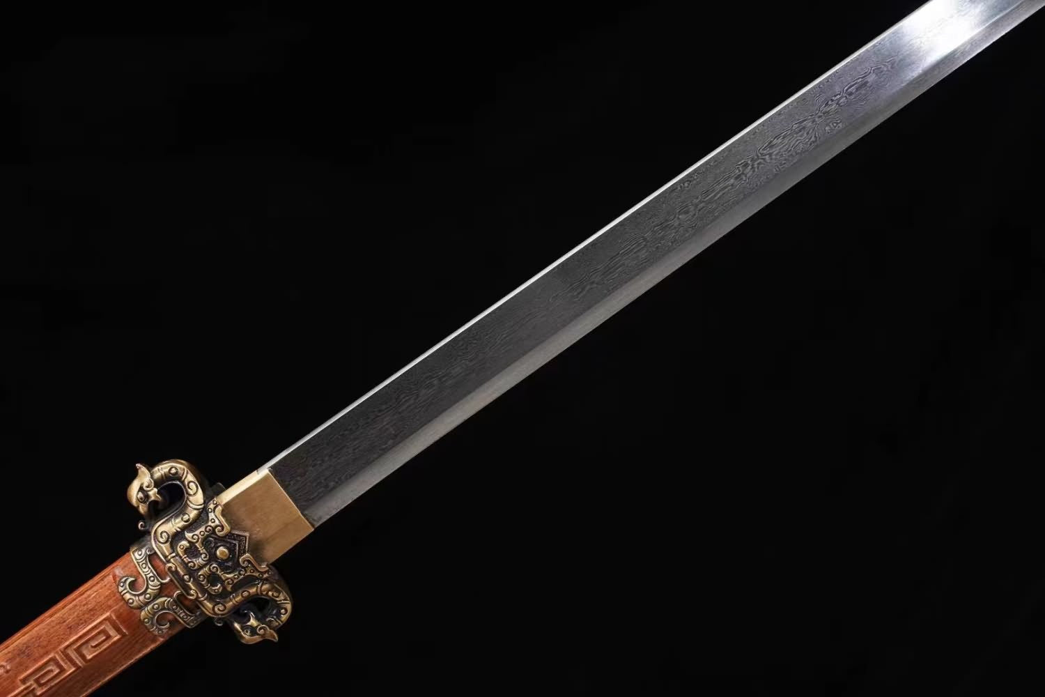 LOONGSWORD Chinese Sword Tang dao -Forged Damascus Steel Blade, Brass Scabbard, Collectible and Functional