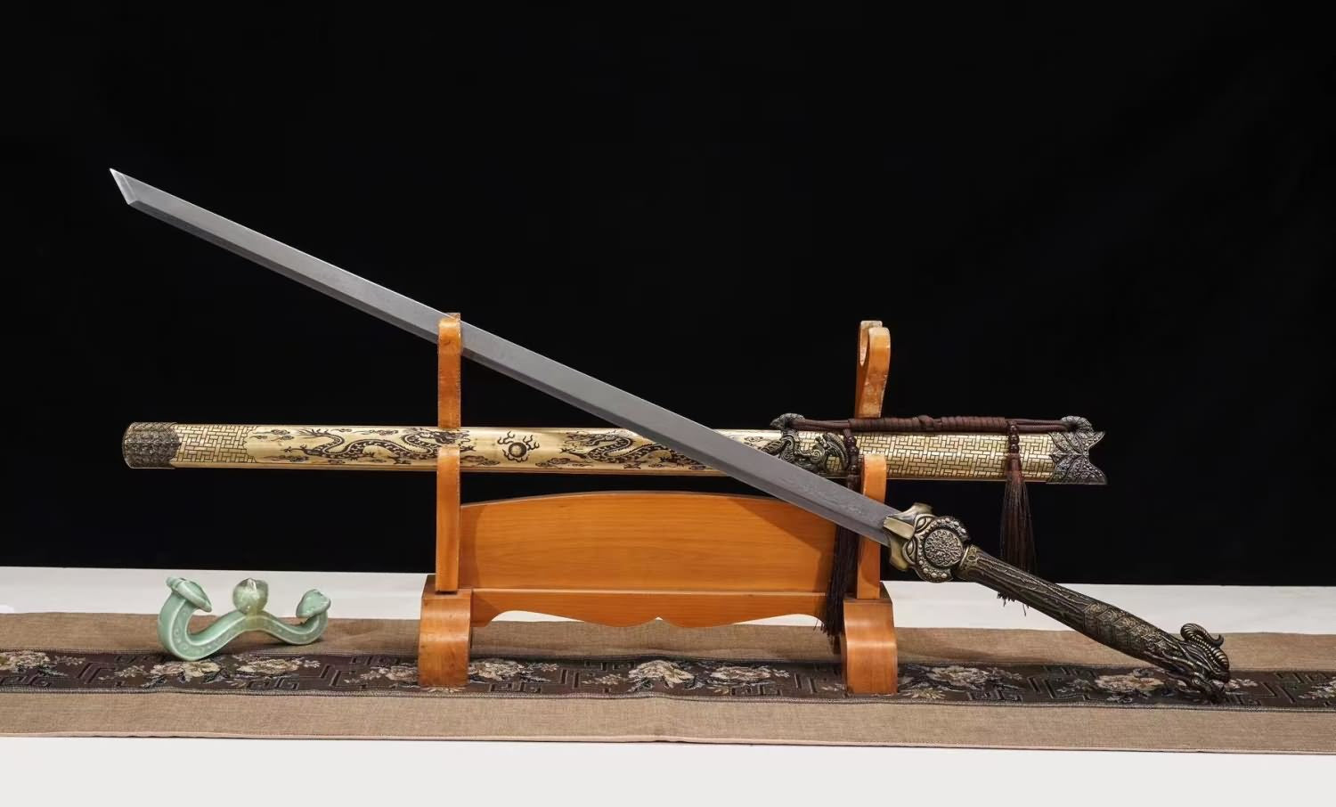 Traditional Chinese Tang Dao Sword-Hand Forged Damascus Steel Blade,Brass Scabbard
