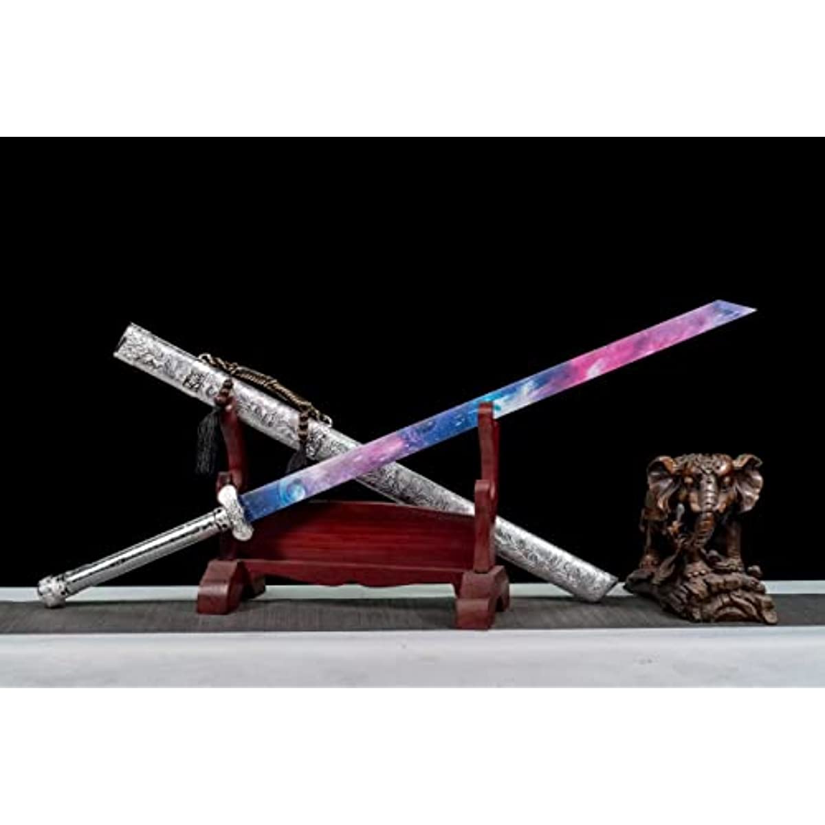 LOONGSWORD,Black Gold Swords High Carbon Steel Color Blade,Alloy Fittings,Silver PU Scabbard