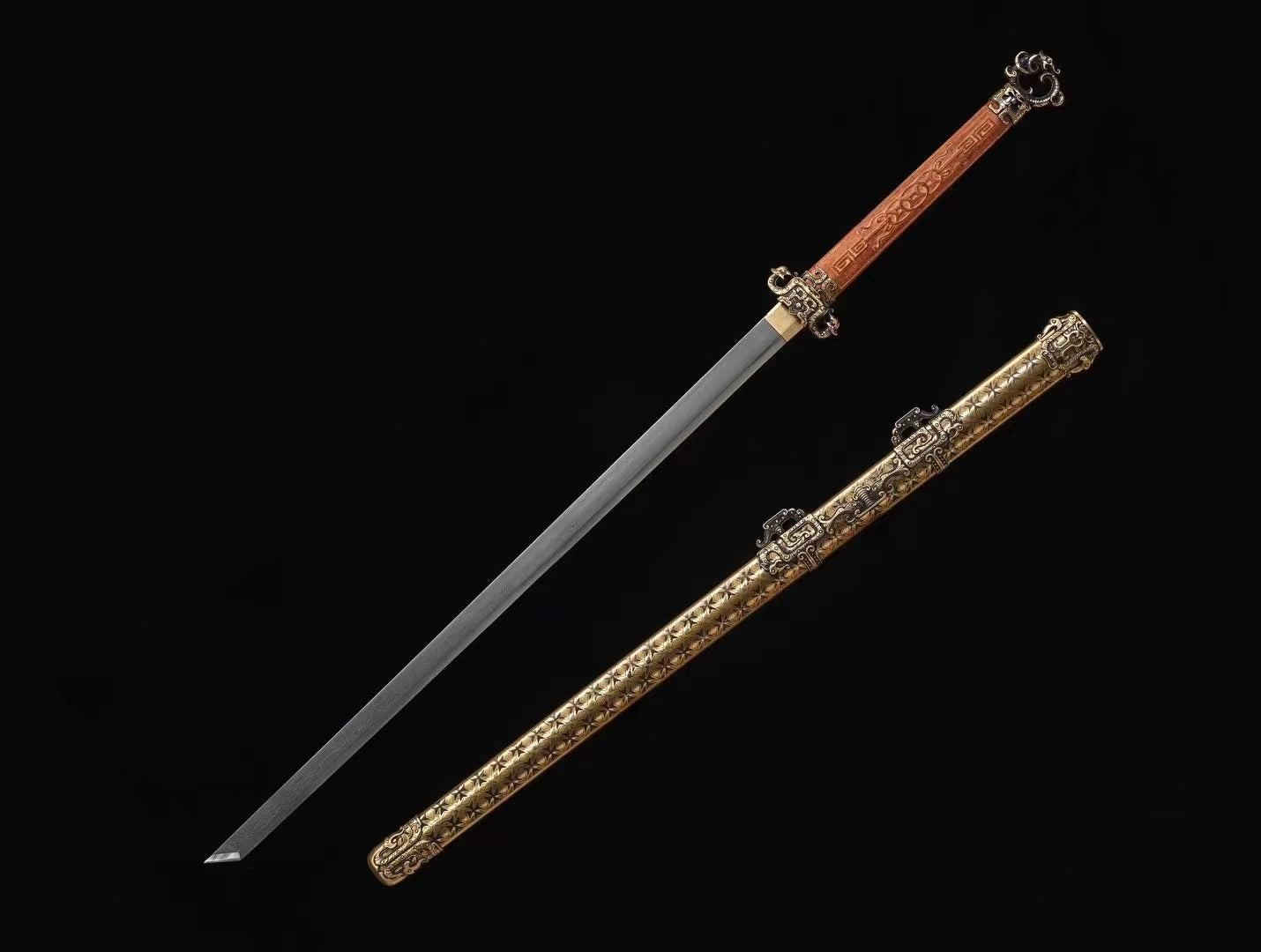 LOONGSWORD Chinese Sword Tang dao -Forged Damascus Steel Blade, Brass Scabbard, Collectible and Functional