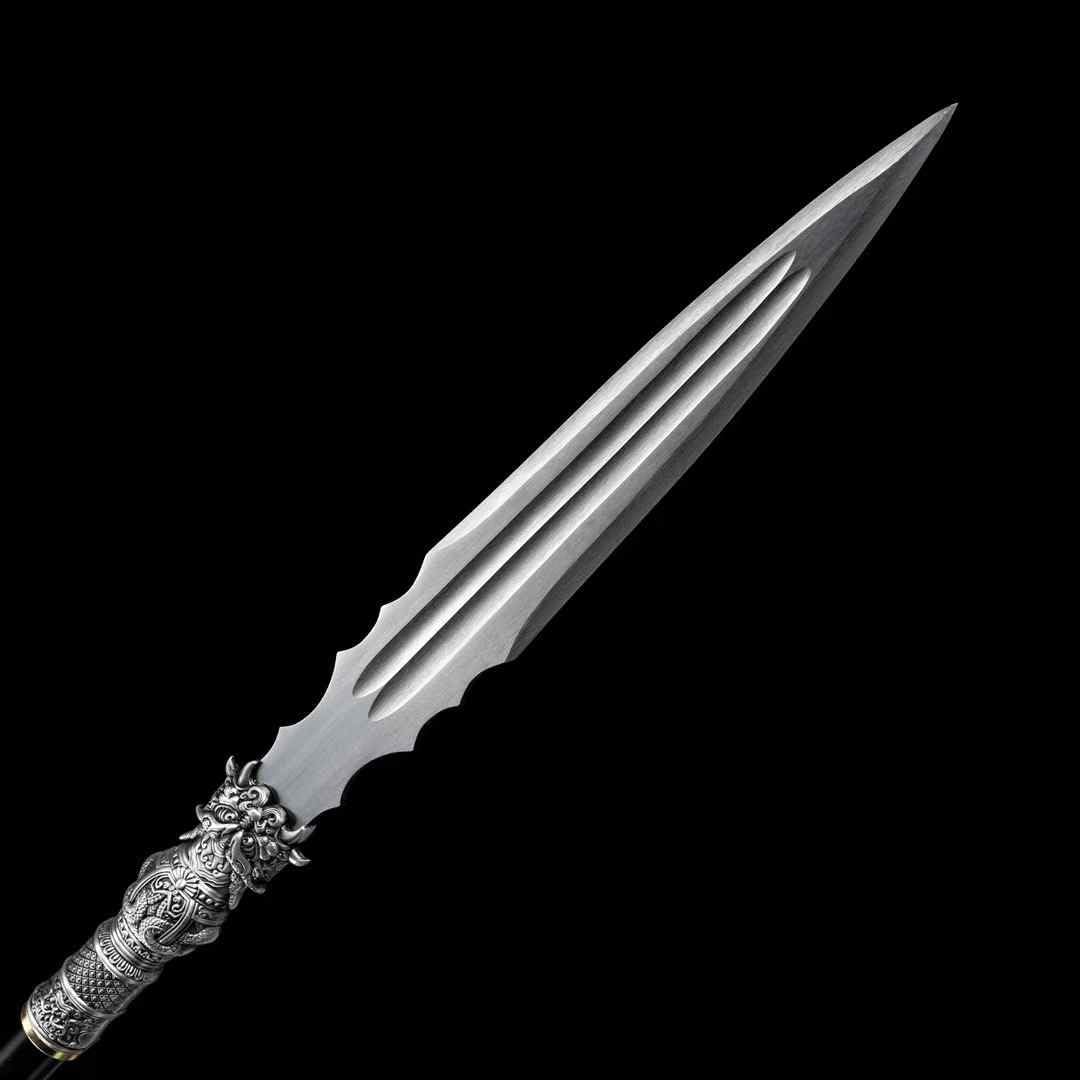 Hand Forged Chinese Ancient Spear - Hand Forged, Tiger Head Relief, High-Manganese Steel