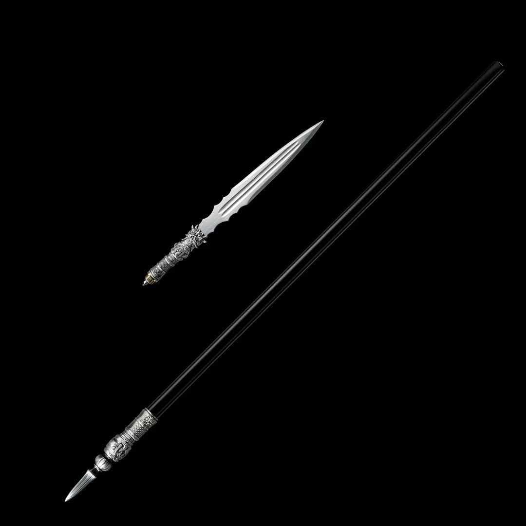 Hand Forged Chinese Ancient Spear - Hand Forged, Tiger Head Relief, High-Manganese Steel