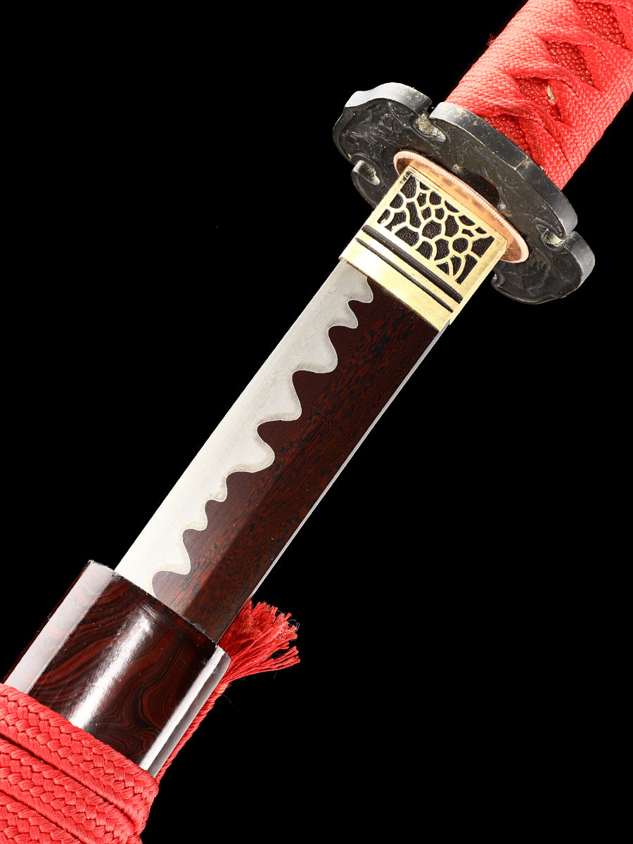 Japanese samurai sword Handmade katana, Damascus steel, hand forged blade, baked red, pushed and ground, wavy pattern, high-end collection(80)