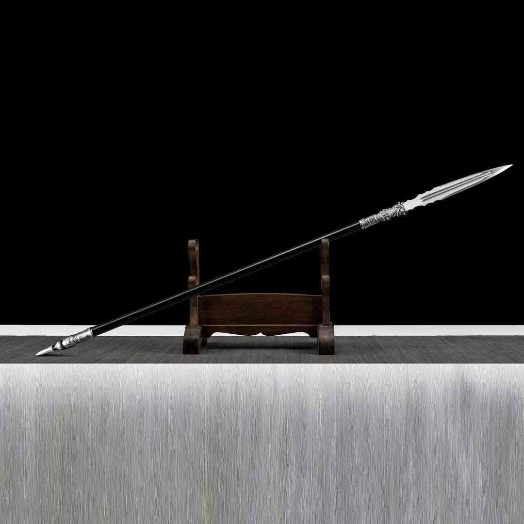Hand Forged Chinese Ancient Spear - Hand Forged, Tiger Head Relief, High-Manganese Steel