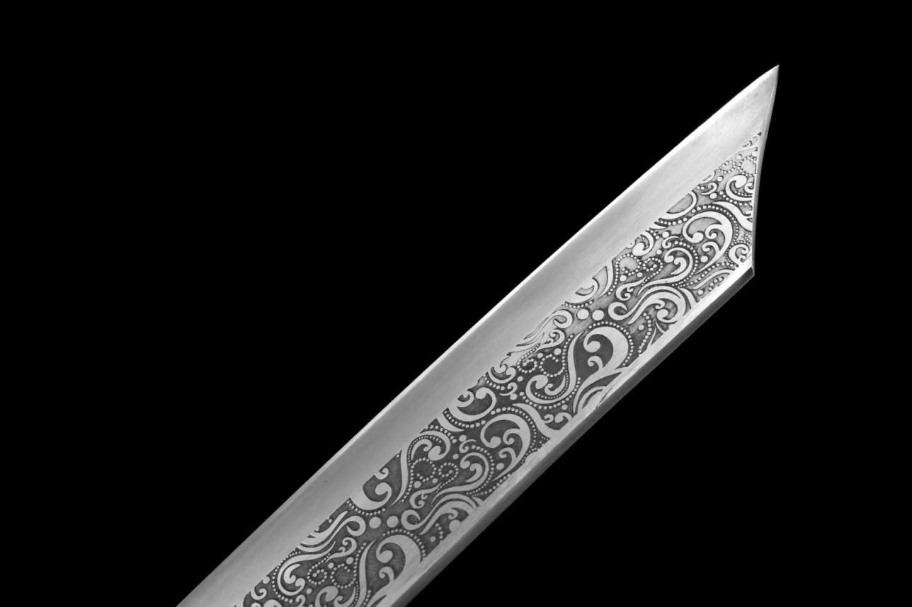Hand Forged Kangxi Broadsword,1060 Carbon Steel Etch Blade,Carved Wooden Scabbard