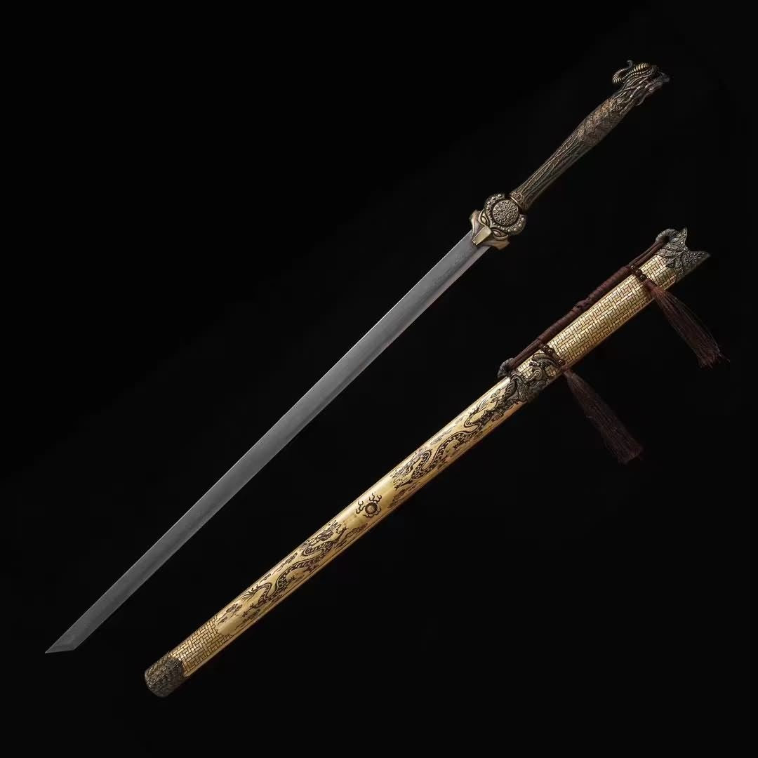 Traditional Chinese Tang Dao Sword-Hand Forged Damascus Steel Blade,Brass Scabbard