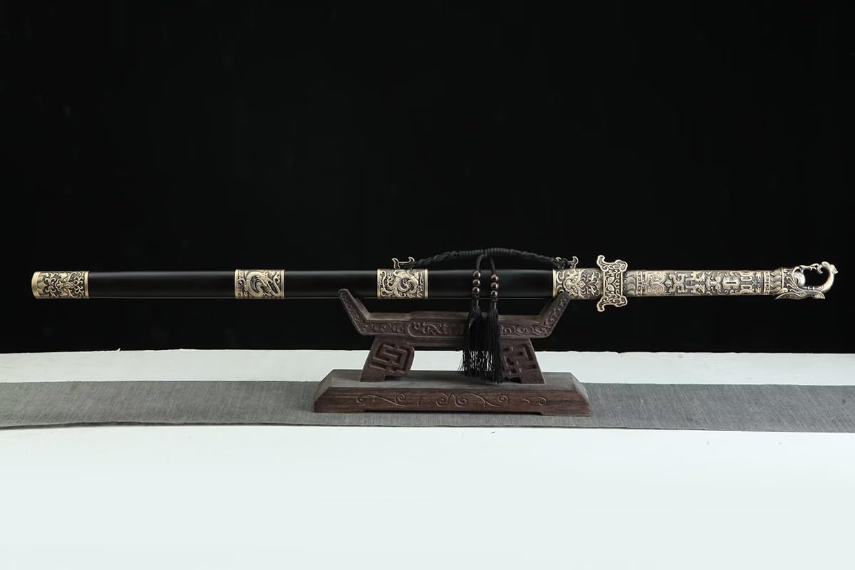 Hand Forged Tang Jian Sword ¨C Forged Damascus Steel Blade, Brass Fittings, Rosewood/Ebony Scabbard