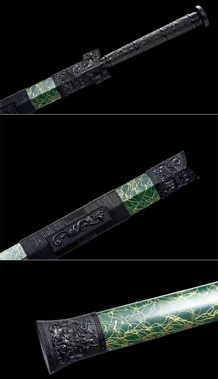 Hand Forged Han Sword Real High Carbon Steel Etch Blade Green scabbard（1045 Carbon Steel）