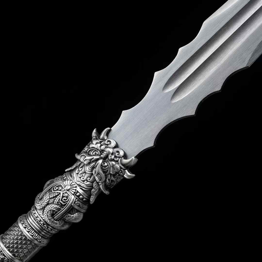 Hand Forged Chinese Ancient Spear - Hand Forged, Tiger Head Relief, High-Manganese Steel