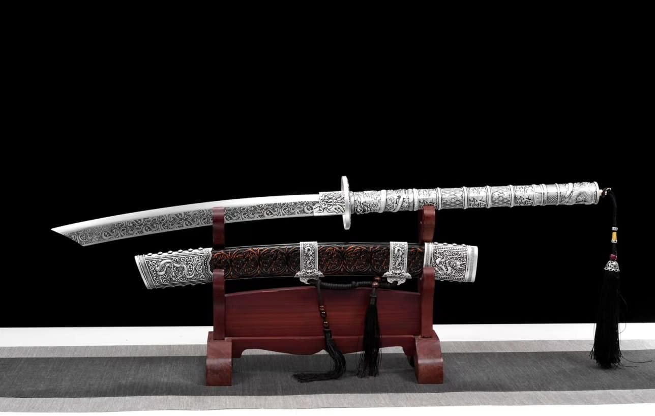 Hand Forged Kangxi Broadsword,1060 Carbon Steel Etch Blade,Carved Wooden Scabbard