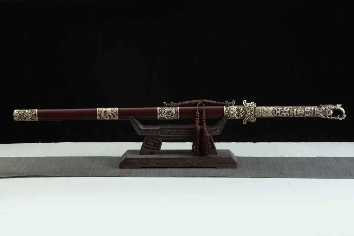 Hand Forged Tang Jian Sword ¨C Forged Damascus Steel Blade, Brass Fittings, Rosewood/Ebony Scabbard