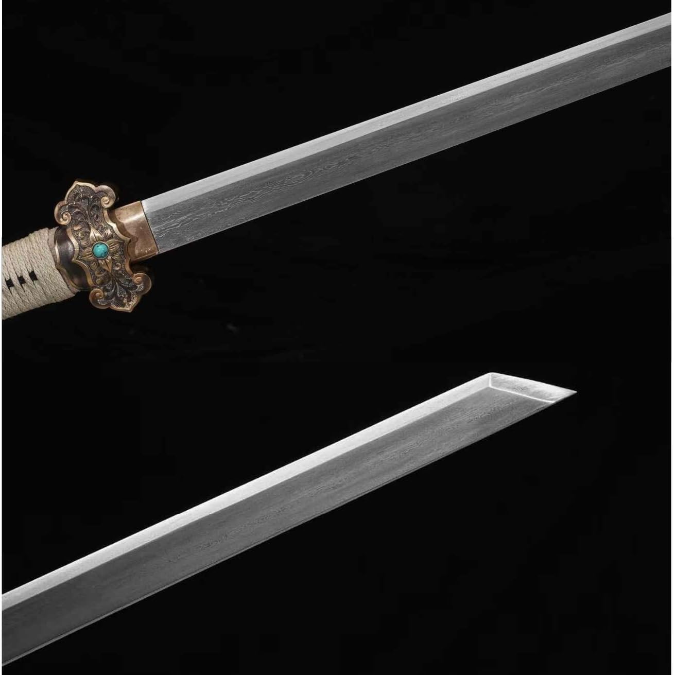 Hand Forged Tang Dynasty Sword ¨C Forged Damascus Steel Blade,Brass Engraved Scabbard