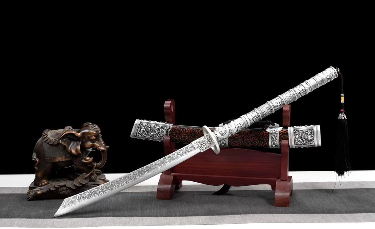 Hand Forged Kangxi Broadsword,1060 Carbon Steel Etch Blade,Carved Wooden Scabbard