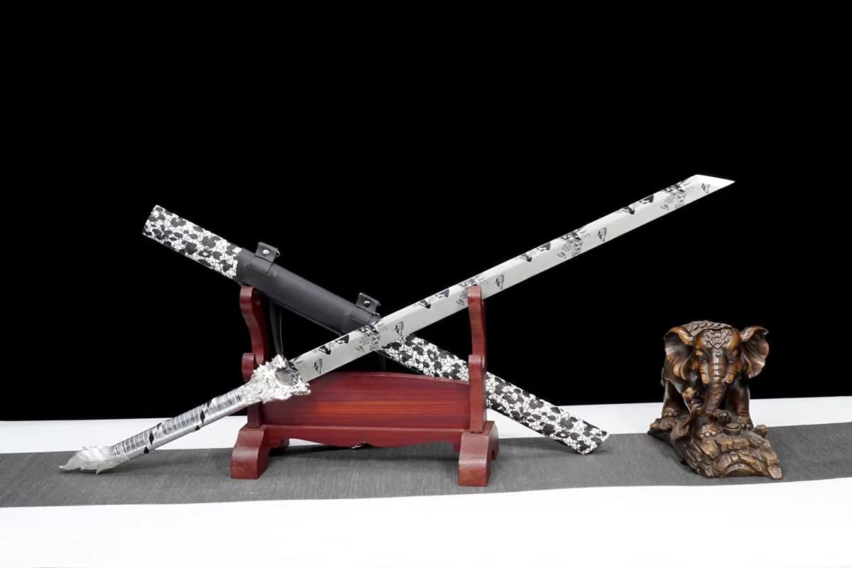 Hand Forged Wolf Head Machete,Forged high Carbon Steel Silver Blades,Battle Ready