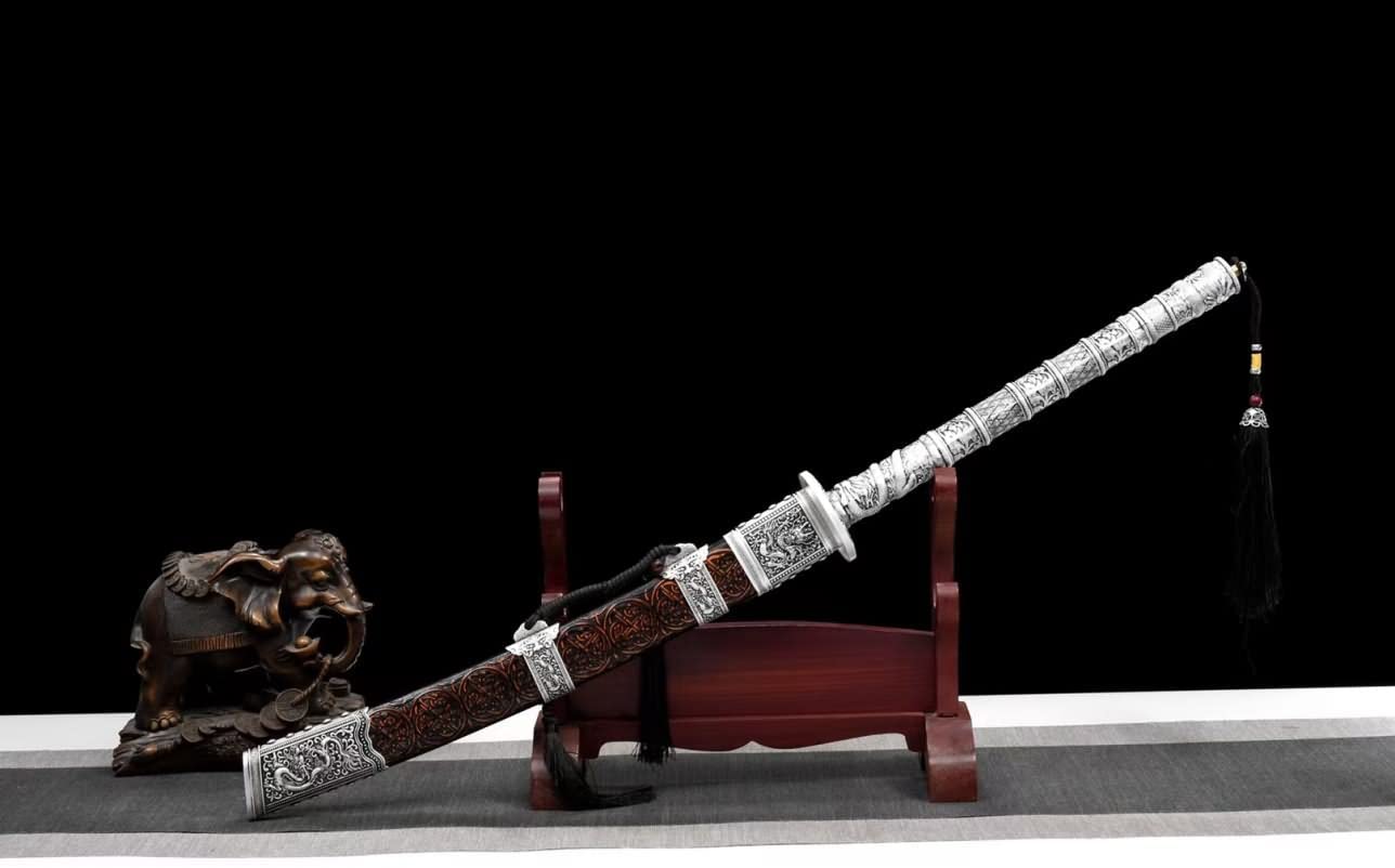 Hand Forged Kangxi Broadsword,1060 Carbon Steel Etch Blade,Carved Wooden Scabbard