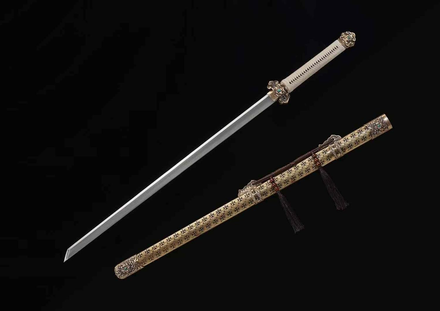 Hand Forged Tang Dynasty Sword ¨C Forged Damascus Steel Blade,Brass Engraved Scabbard