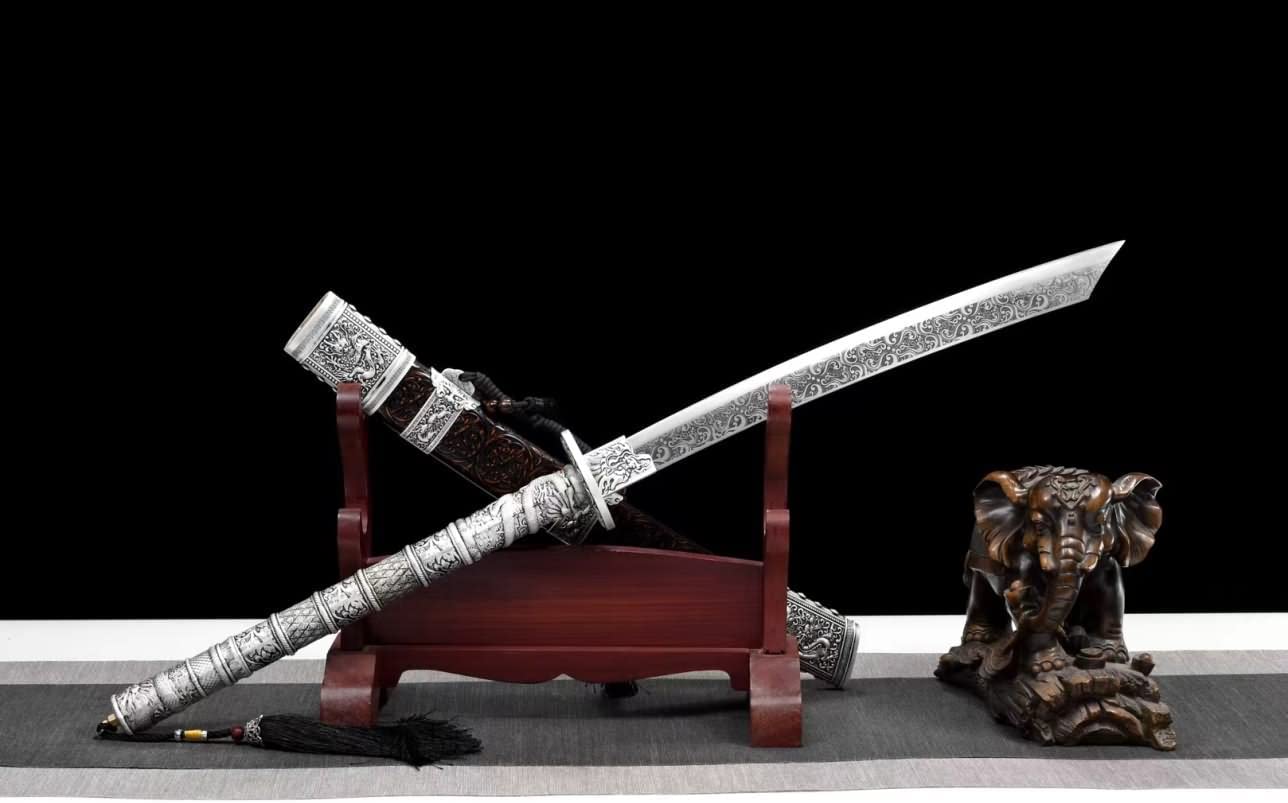 Hand Forged Kangxi Broadsword,1060 Carbon Steel Etch Blade,Carved Wooden Scabbard