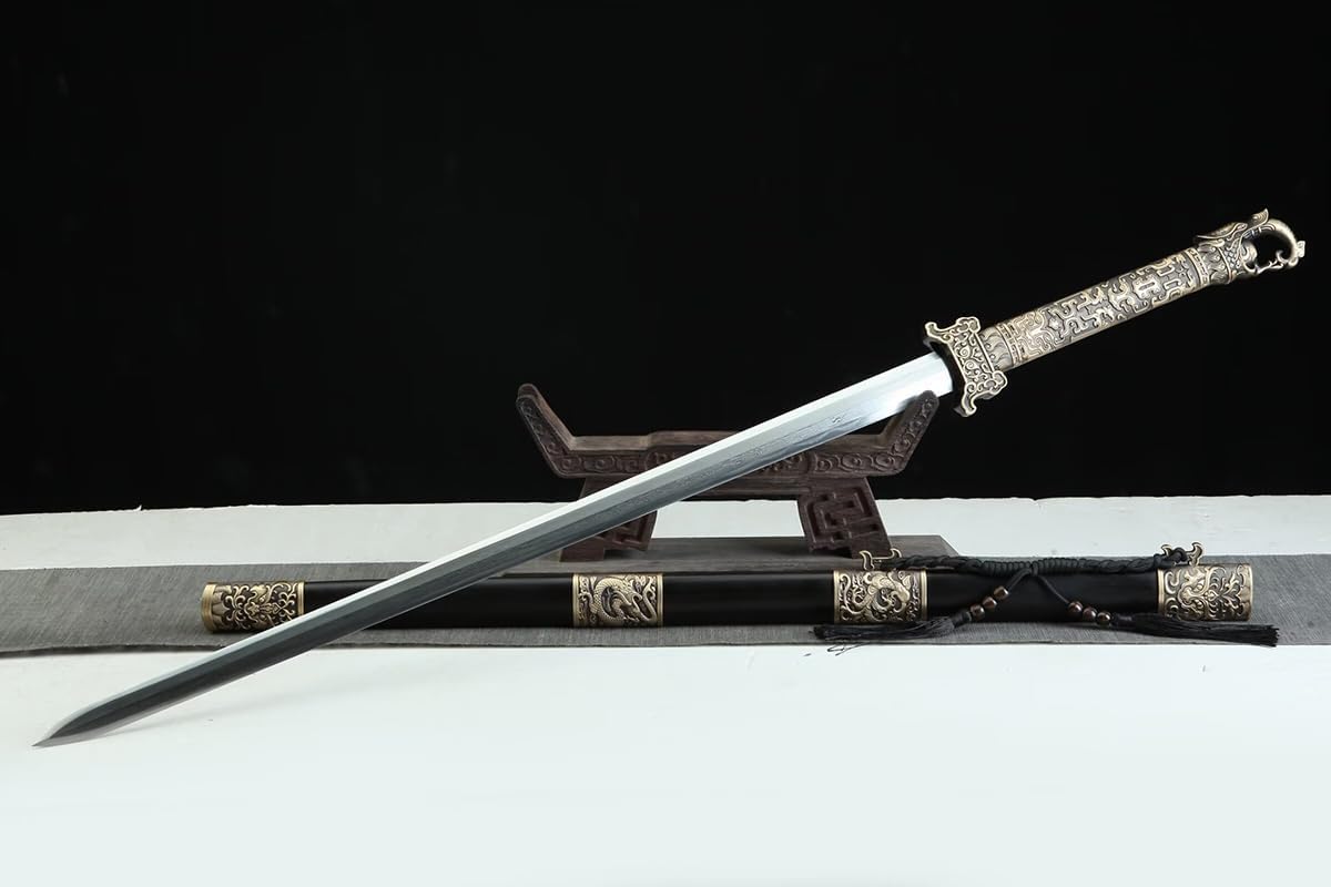 Hand Forged Tang Jian Sword ¨C Forged Damascus Steel Blade, Brass Fittings, Rosewood/Ebony Scabbard