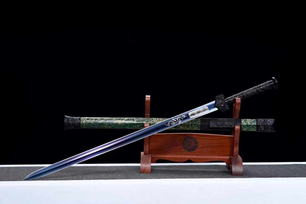 Hand Forged Han Sword Real High Carbon Steel Etch Blade Green scabbard（1045 Carbon Steel）