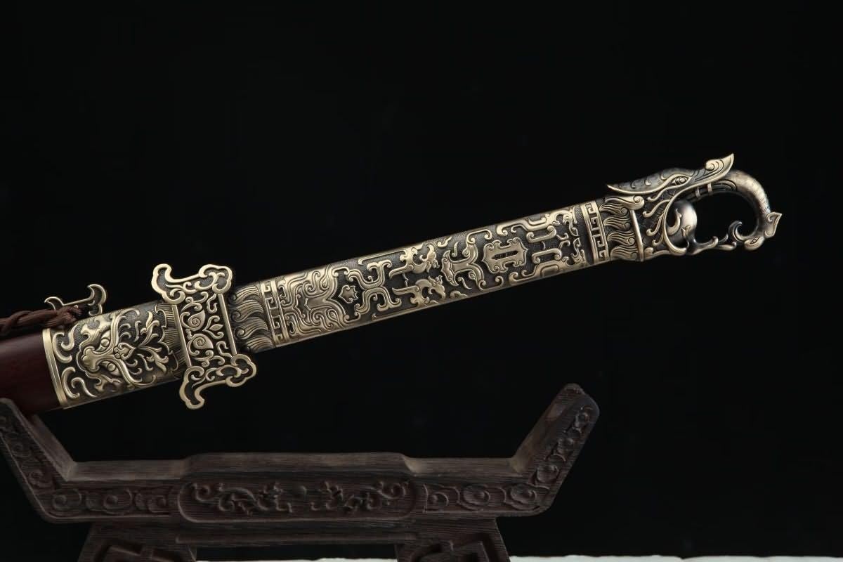 Hand Forged Tang Jian Sword ¨C Forged Damascus Steel Blade, Brass Fittings, Rosewood/Ebony Scabbard