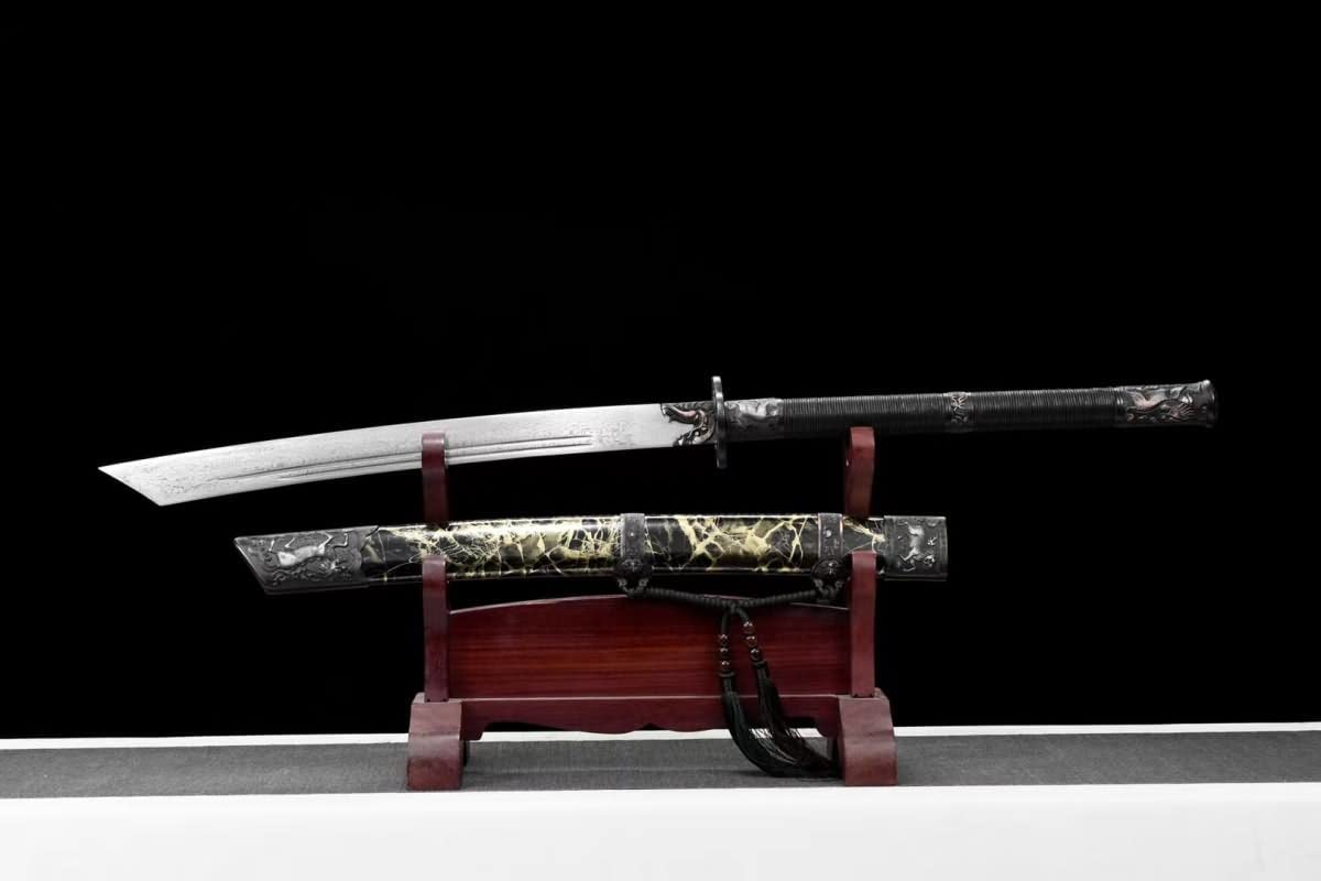 Hand Forged Kangxi Dao,Forged Damascus Steel baldes,Leather Scabbard,Alloy Fittings