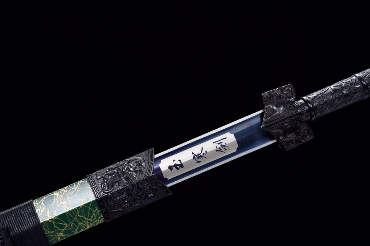 Hand Forged Han Sword Real High Carbon Steel Etch Blade Green scabbard（1045 Carbon Steel）