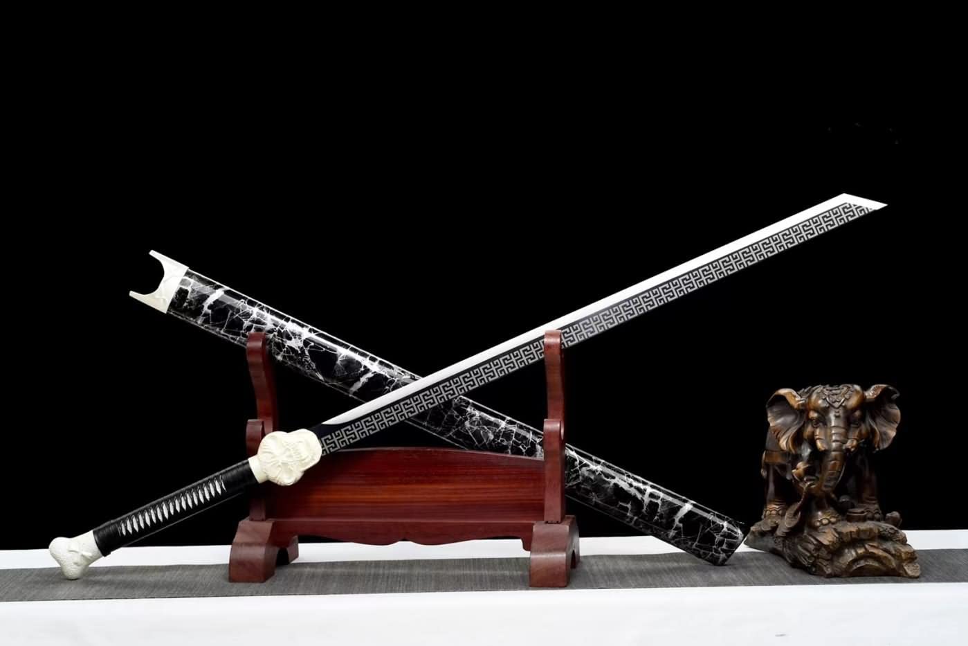 Tang Knife Real,High Carbon Steel Etched Blade,Alloy Fittings,Leather Scabbard,chinese sword