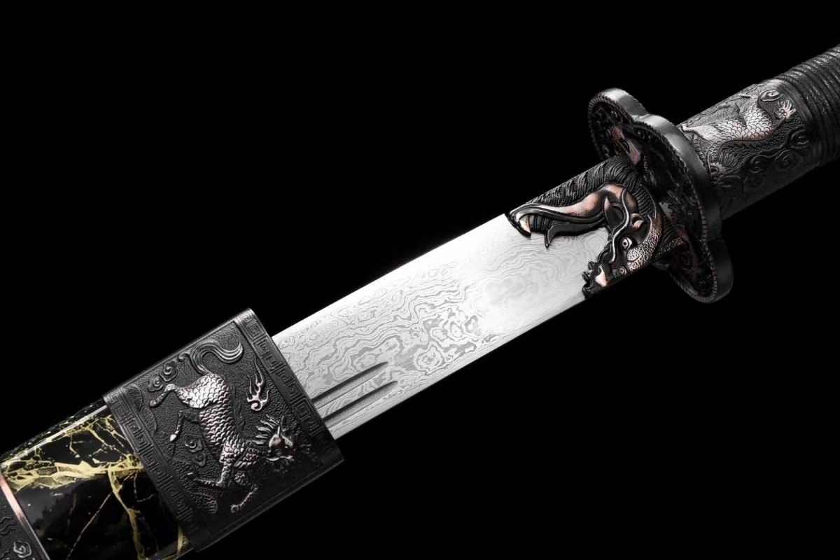 Hand Forged Kangxi Dao,Forged Damascus Steel baldes,Leather Scabbard,Alloy Fittings