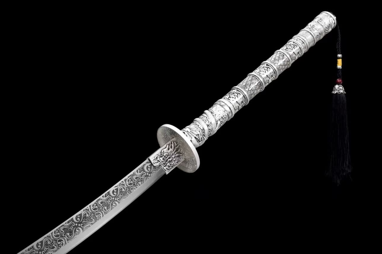 Hand Forged Kangxi Broadsword,1060 Carbon Steel Etch Blade,Carved Wooden Scabbard