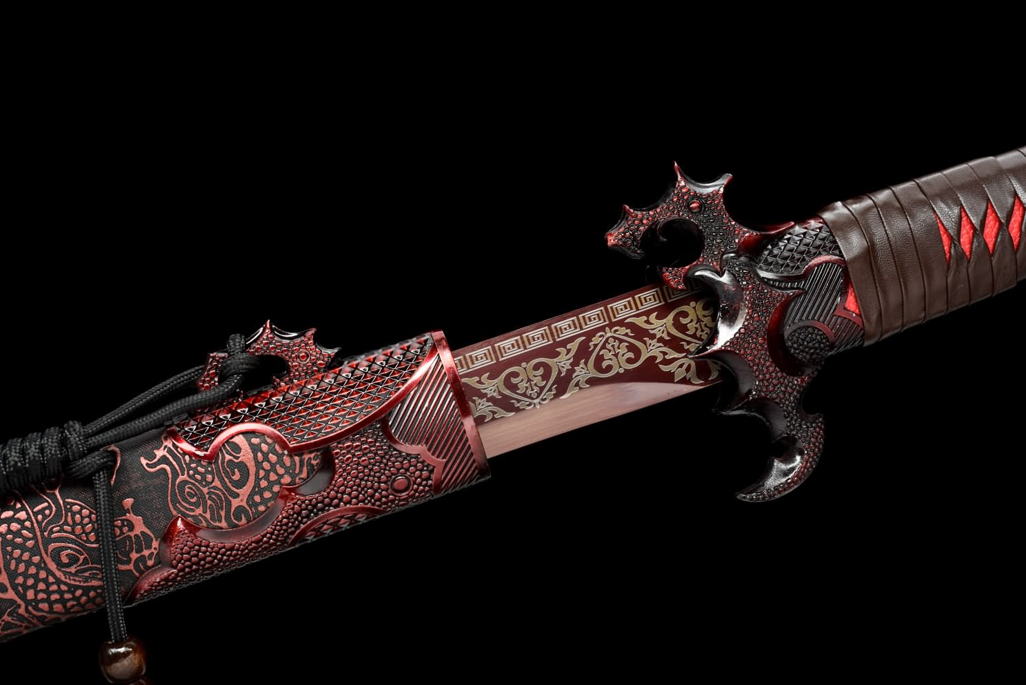 LOONGSWORD Red Dragon Tang dao Sword,Battle Ready Hand Forged High Carbon Steel Etched Blade