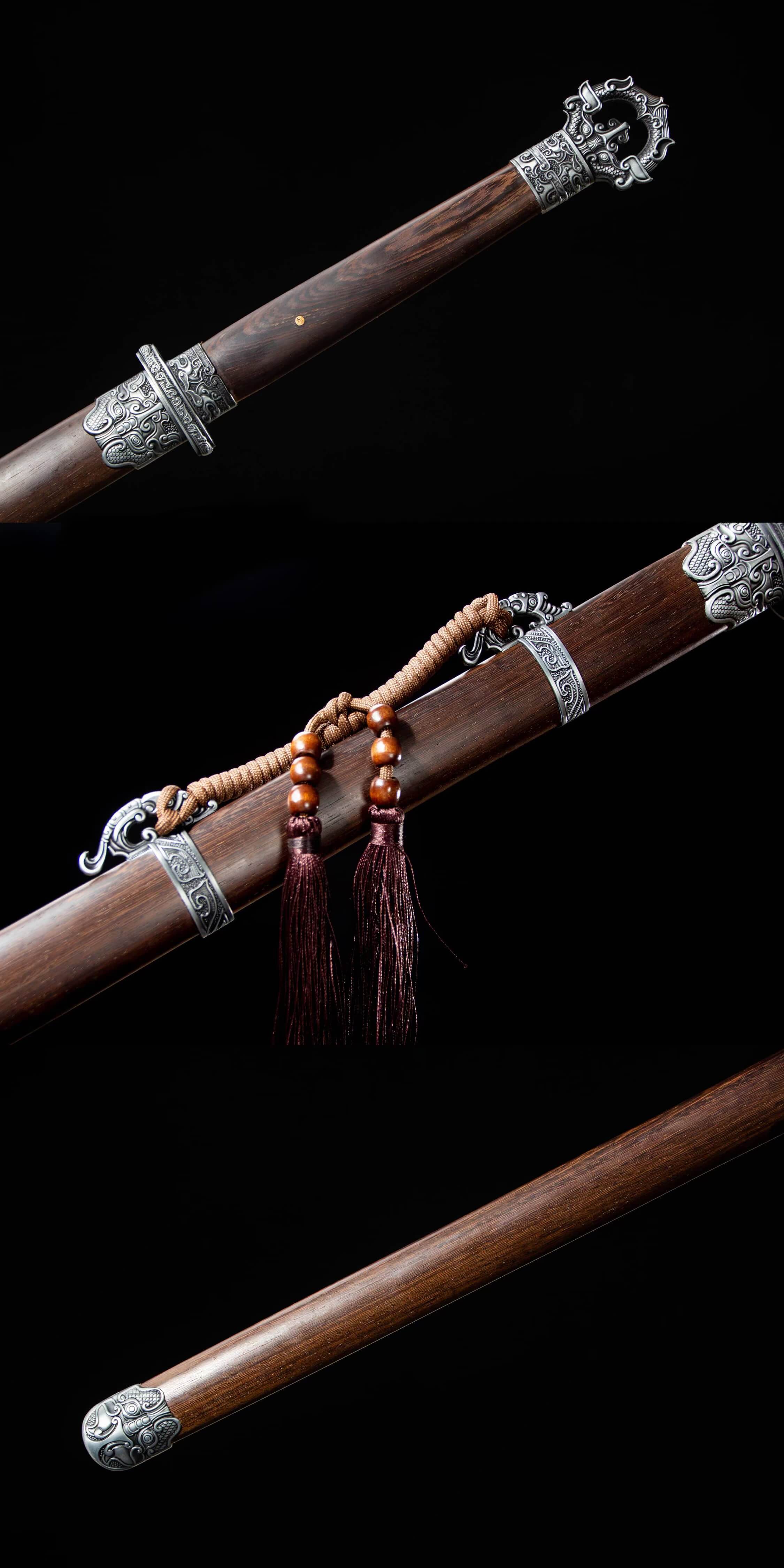 Traditional Chinese Tang dao Sword with Damascus Steel Blade and Alloy Fittings - Rosewood Scabbard