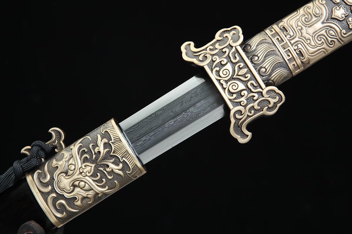 Hand Forged Tang Jian Sword ¨C Forged Damascus Steel Blade, Brass Fittings, Rosewood/Ebony Scabbard