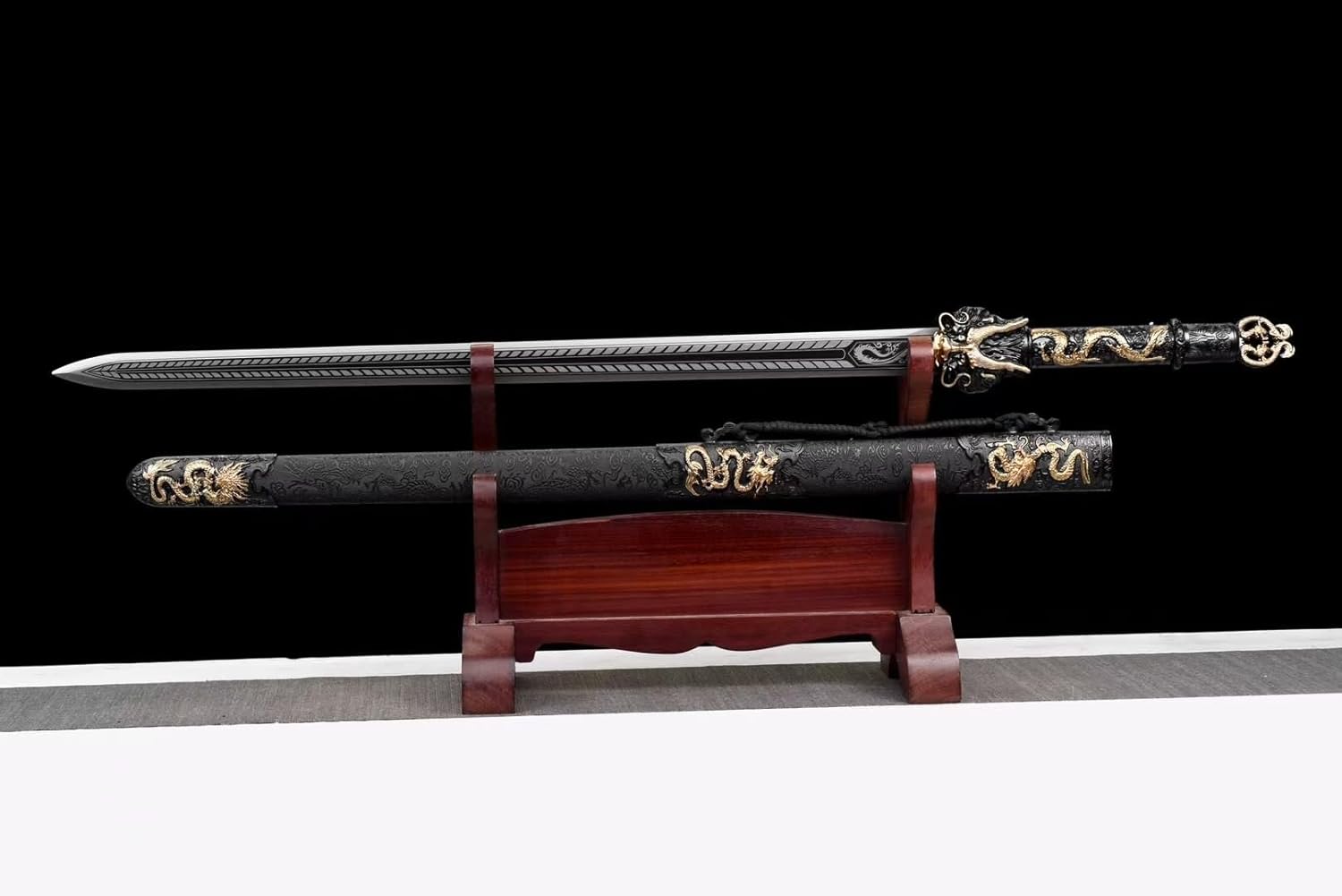 Hand Forged Dragon King Sword,Forged High Manganese Steel Blade,Double-Edged with Etched Dragon Patterns,Faux-Leather Scabbard(1060 Carbon Steel)
