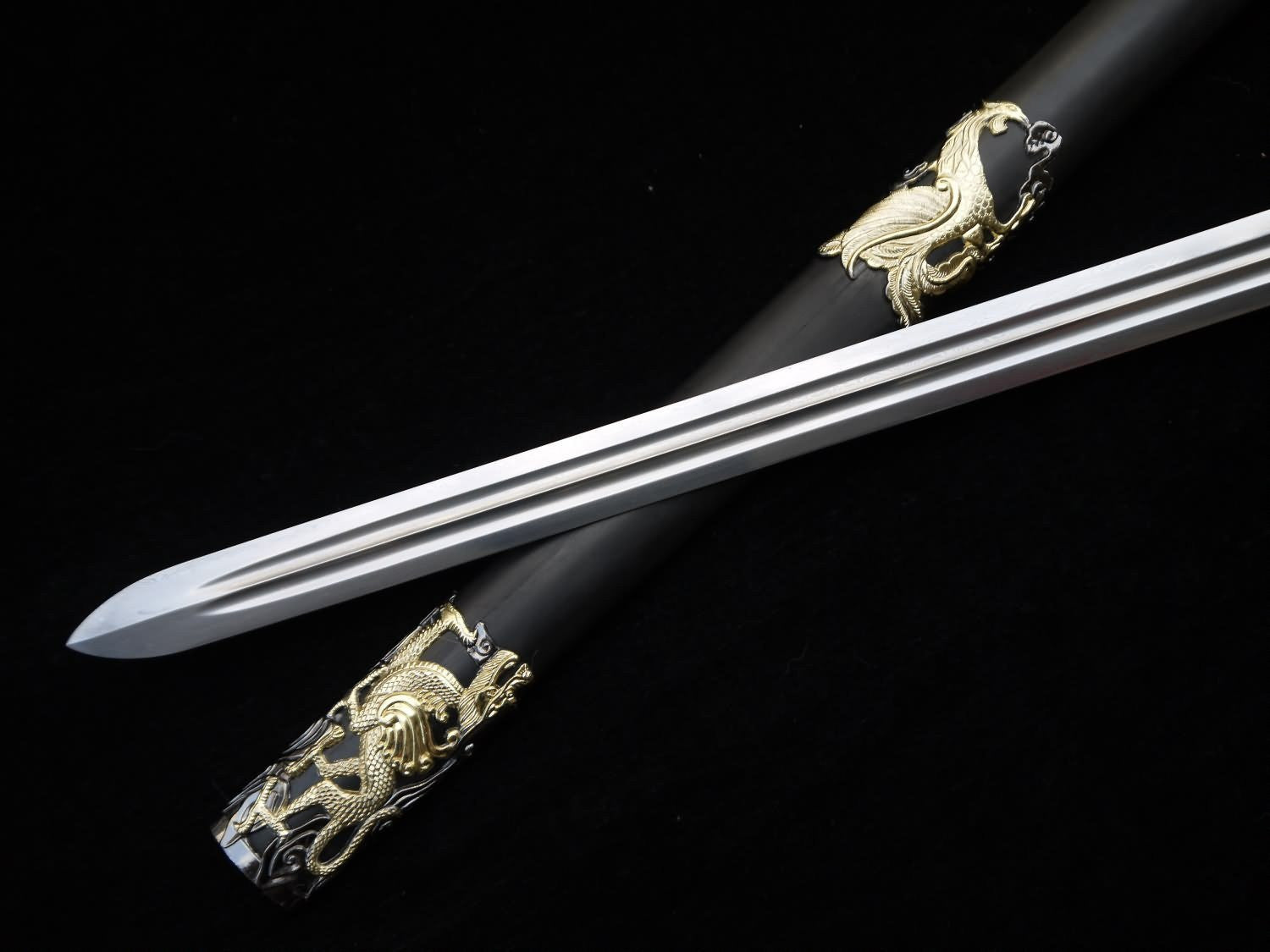 Longquan sword/Chinese sword/Damascus steel blade/Handmade/Two-color alloy fittings/Length 39" - Chinese sword shop