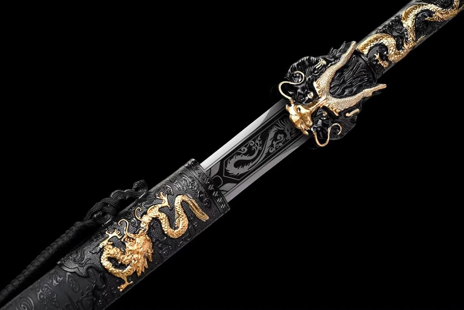 Hand Forged Dragon King Sword,Forged High Manganese Steel Blade,Double-Edged with Etched Dragon Patterns,Faux-Leather Scabbard(1060 Carbon Steel)