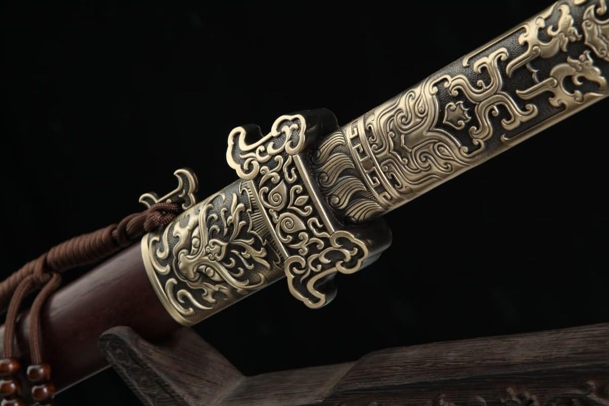 Hand Forged Tang Jian Sword ¨C Forged Damascus Steel Blade, Brass Fittings, Rosewood/Ebony Scabbard