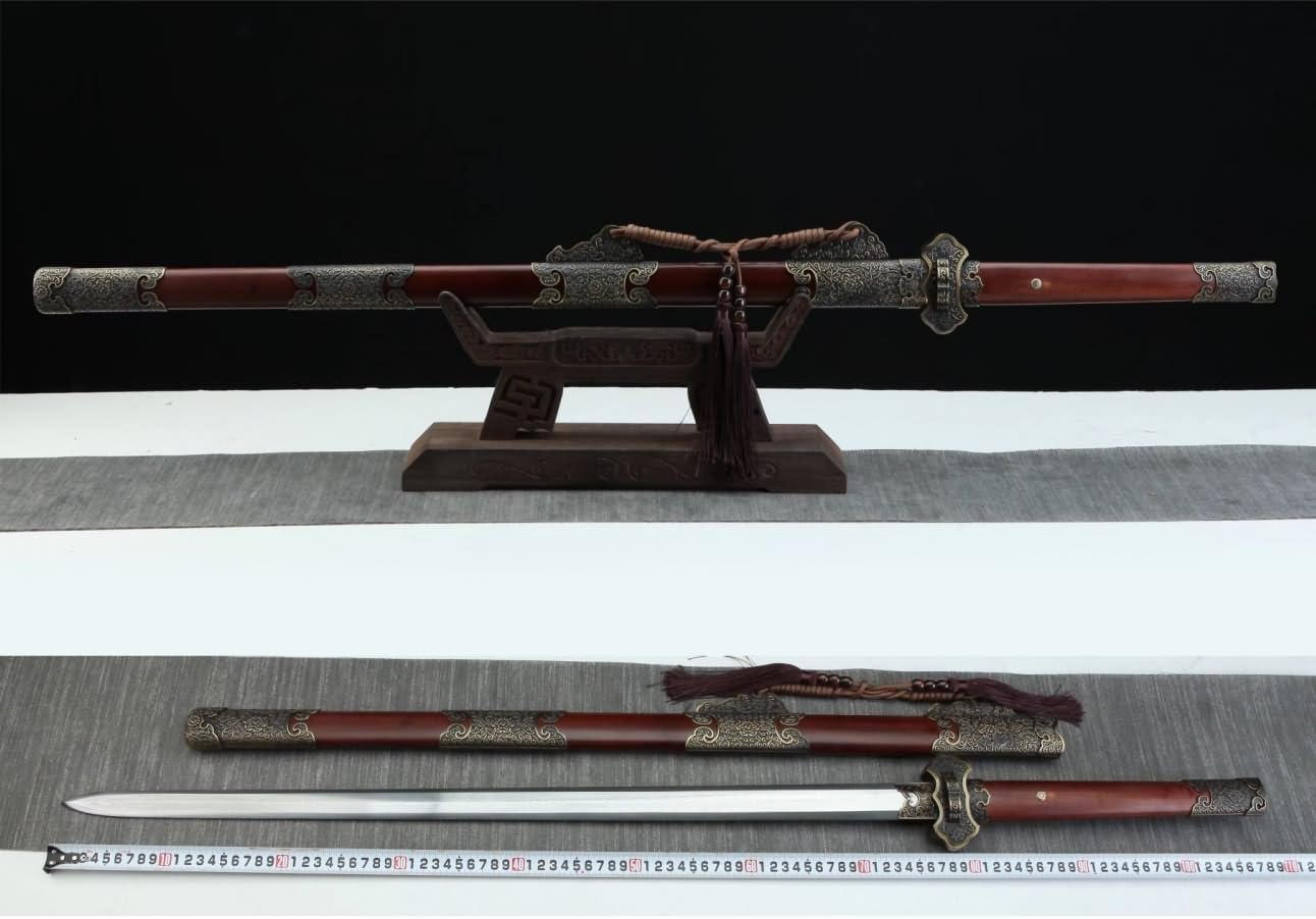 Hand Forged Tang Jian Sword, Hand-Forged Damascus Steel Blade,Ebony Wood Handle, Alloy Fittings